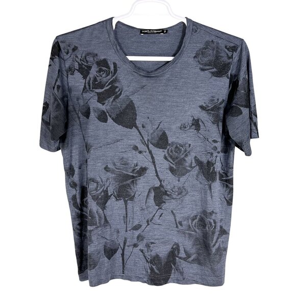 Dolce & Gabbana Men 50 L Black Rose T-Shirt Made In Italy 100% Silk Leather Logo - Picture 3 of 13